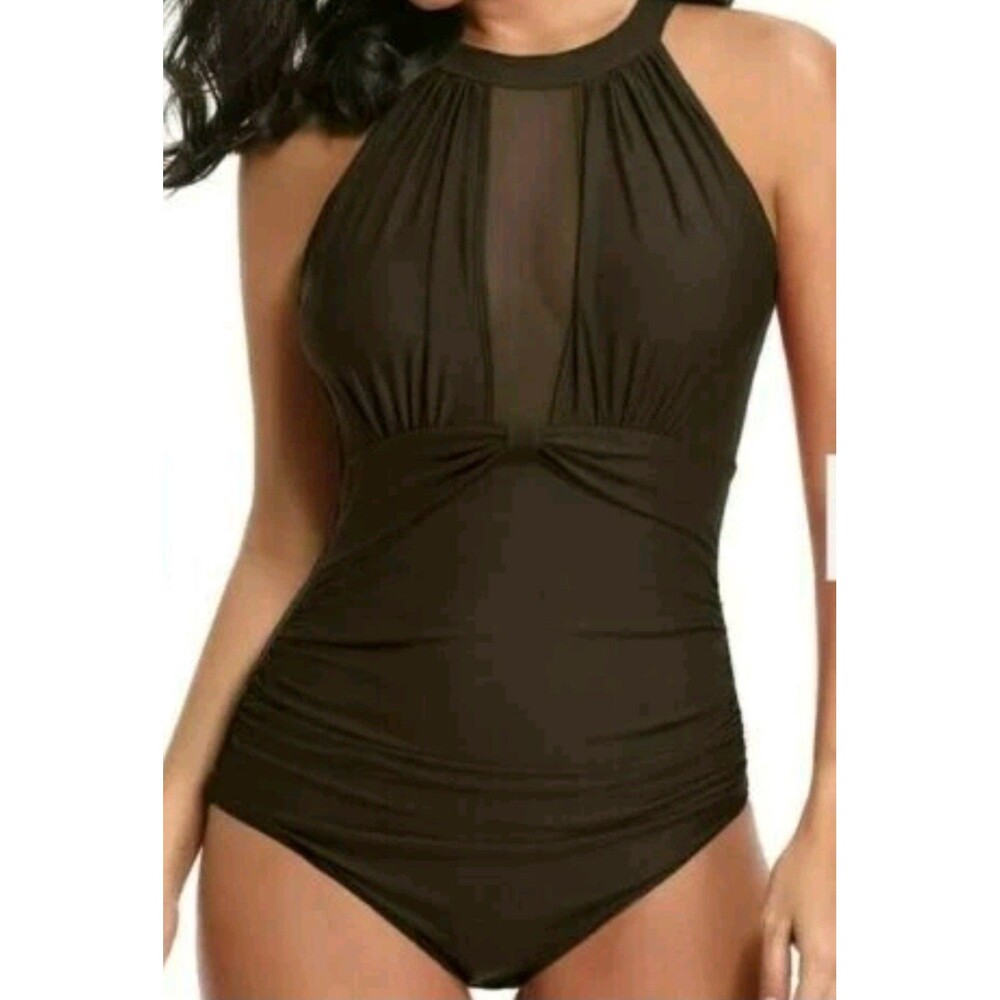 TEMPT ME Women's Black One Piece Halter Swimsuit Mesh Inset Size L NWT